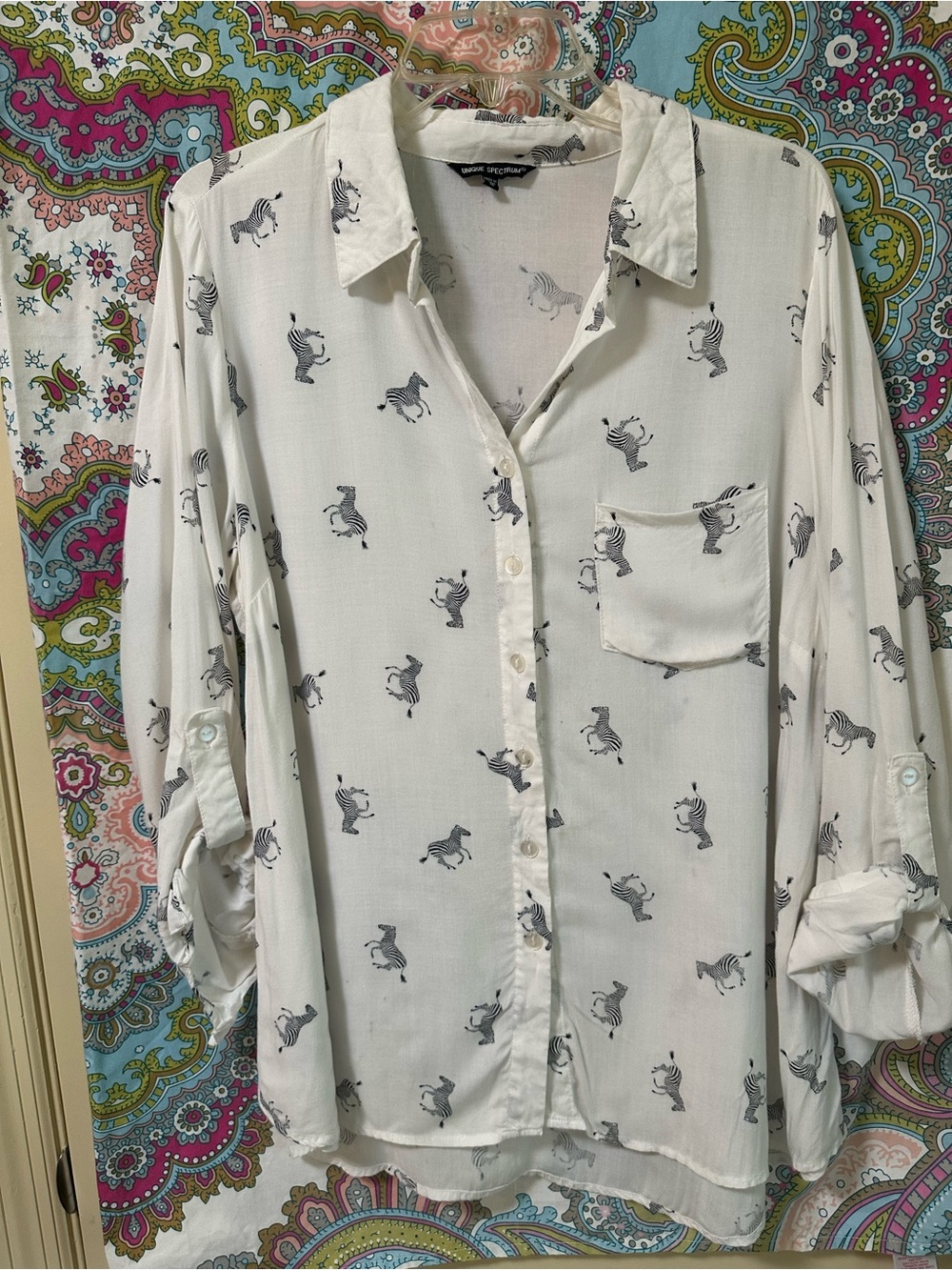 Unique Spectrum White Button-Up Shirt with Gray zebra Print